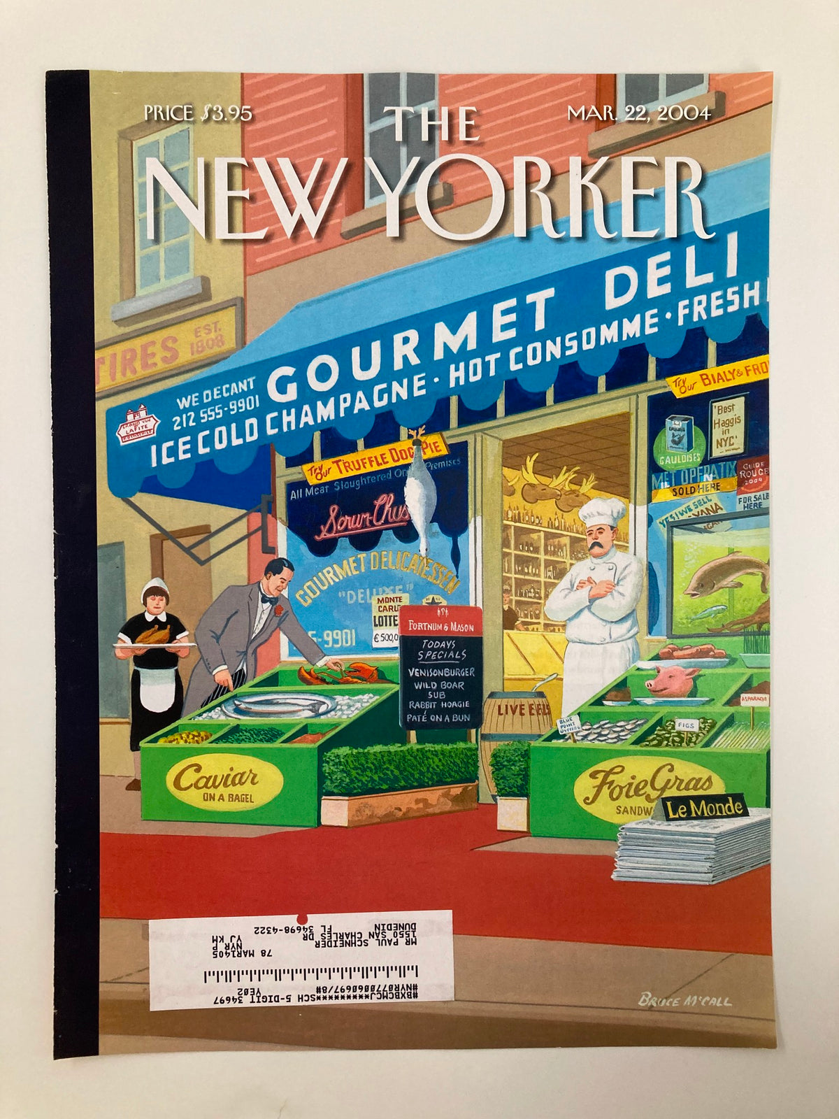 COVER ONLY The New Yorker March 22 2004 Manhattan Mirage by Bruce McCall, showcasing an artful depiction of a bustling gourmet deli, highlighting New York's culinary culture.