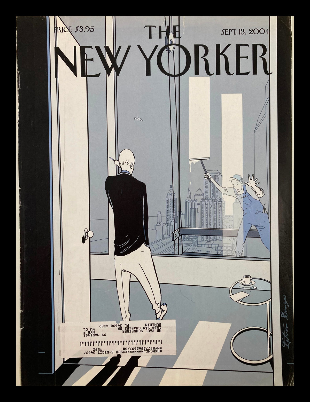Cover of The New Yorker September 13, 2004 edition featuring the illustration 'Deja Vu' by Istvan Banyai, showcasing a minimalist scene with a man in a suit looking out towards a cityscape, a worker washing a window in the background.