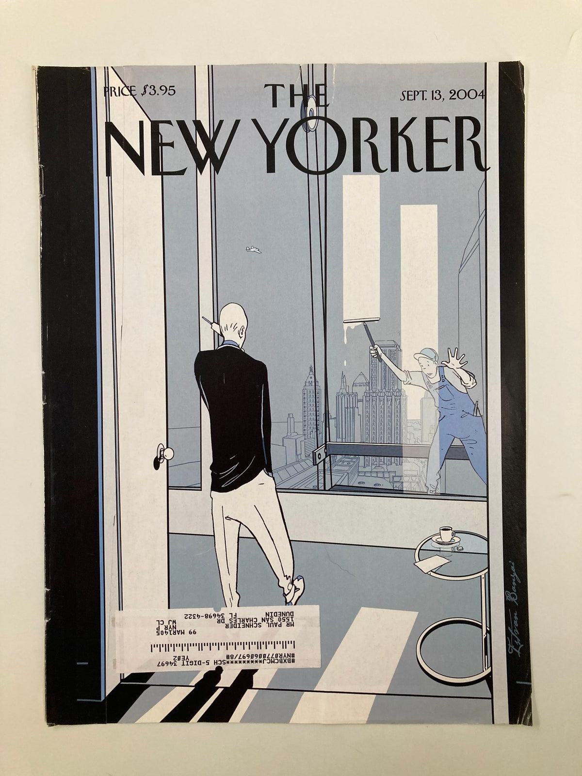 Another view of the cover of The New Yorker September 13, 2004 edition titled 'Deja Vu' by Istvan Banyai, depicting a serene moment with a man in black and a window washer against a skyline, emphasizing the artistic style of The New Yorker.