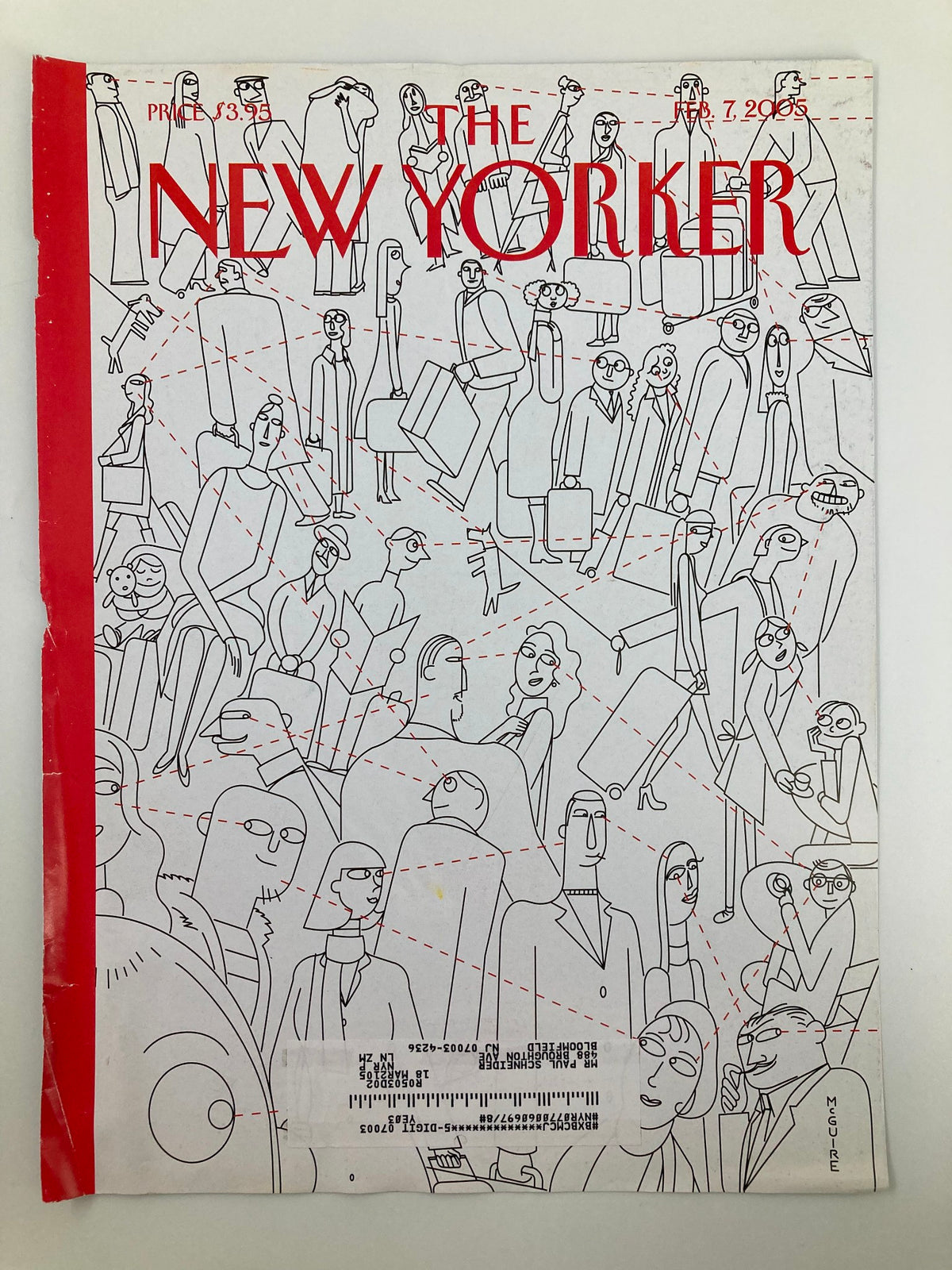 Cover of The New Yorker, February 7, 2005, titled "Cupid's Arrow" by Richard McGuire. Features an artistic line drawing of various characters in a bustling environment, encapsulating a distinctive contemporary style.