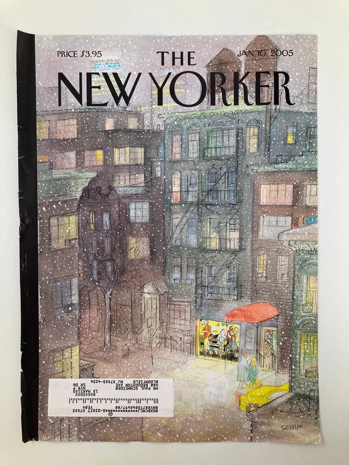 Cover of The New Yorker January 10, 2005 showcasing a snow-covered cityscape by Jean-Jacques Sempé, with detailed illustrations of buildings and pedestrians.