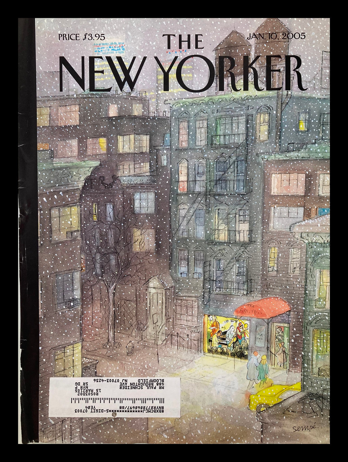 Cover of The New Yorker January 10, 2005 featuring a snowy urban scene illustrated by Jean-Jacques Sempé, depicting buildings and people under snowfall.