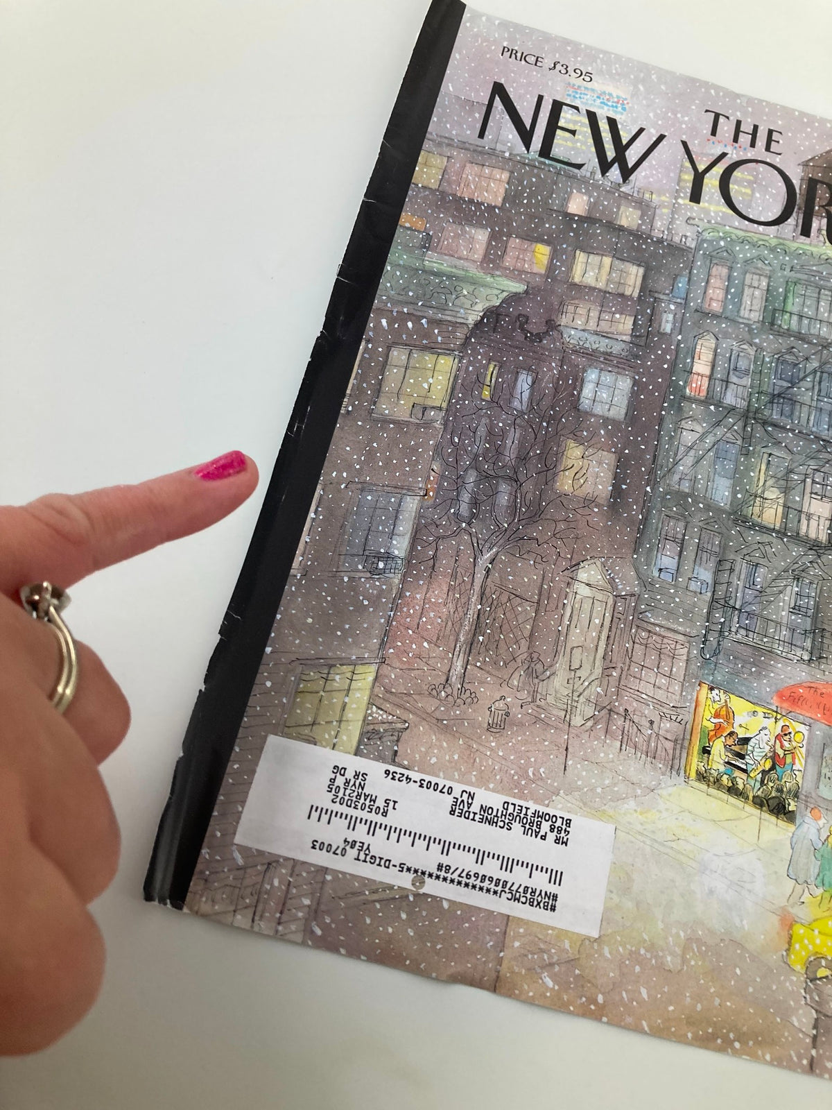 Cover of The New Yorker January 10, 2005, highlighting a winter scene illustrated by Jean-Jacques Sempé, featuring urban architecture and individuals in the snow.