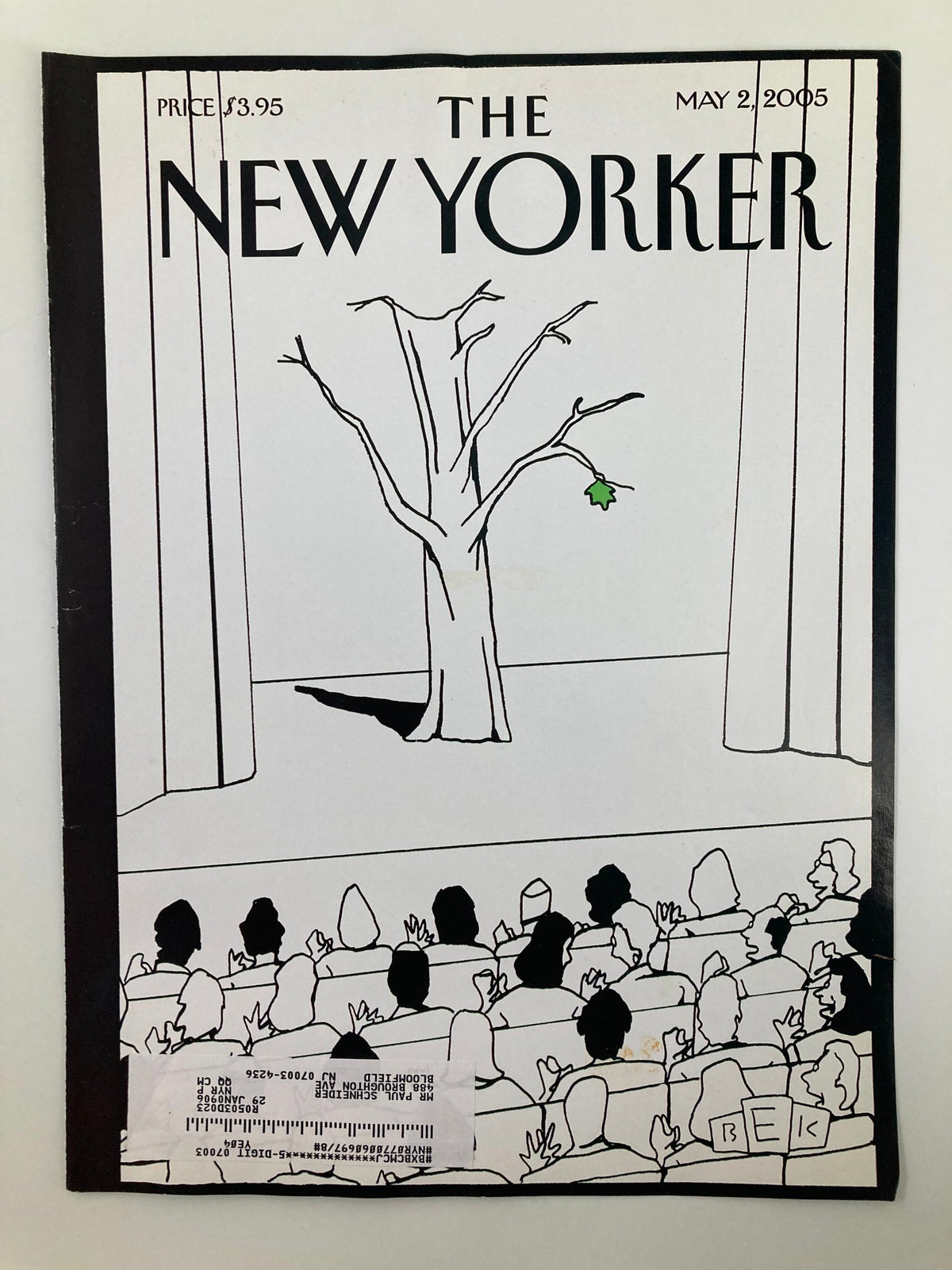 Cover of The New Yorker magazine May 2, 2005, titled 'Bravo Spring' with a stylized illustration by Bruce Eric Kaplan showing a tree and an audience, highlighting the whimsical charm of New York.