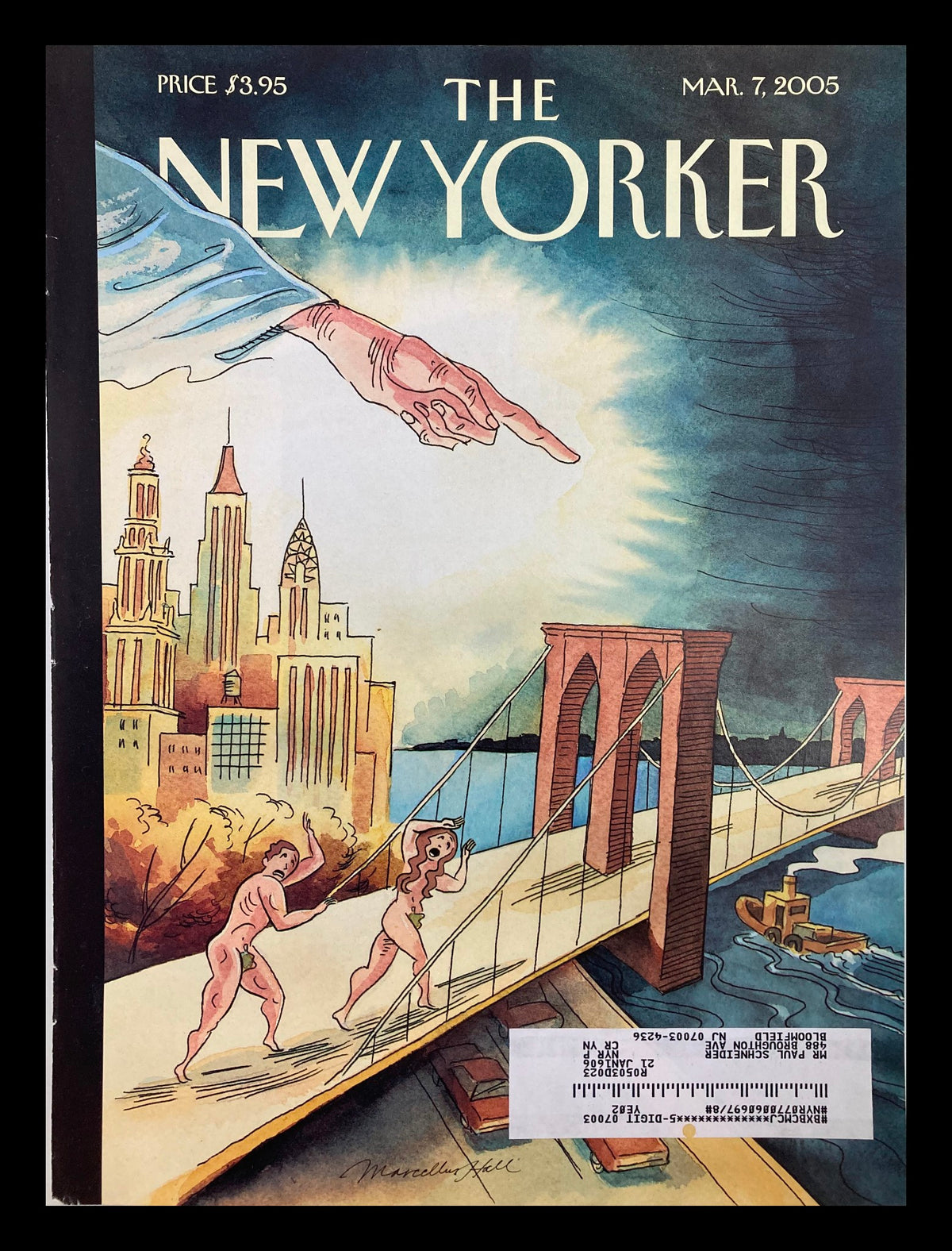 Cover of The New Yorker dated March 7, 2005, featuring the artwork titled 'Unaffordable Eden' by Marcellus Hall, showcasing a city skyline with a prominent bridge.