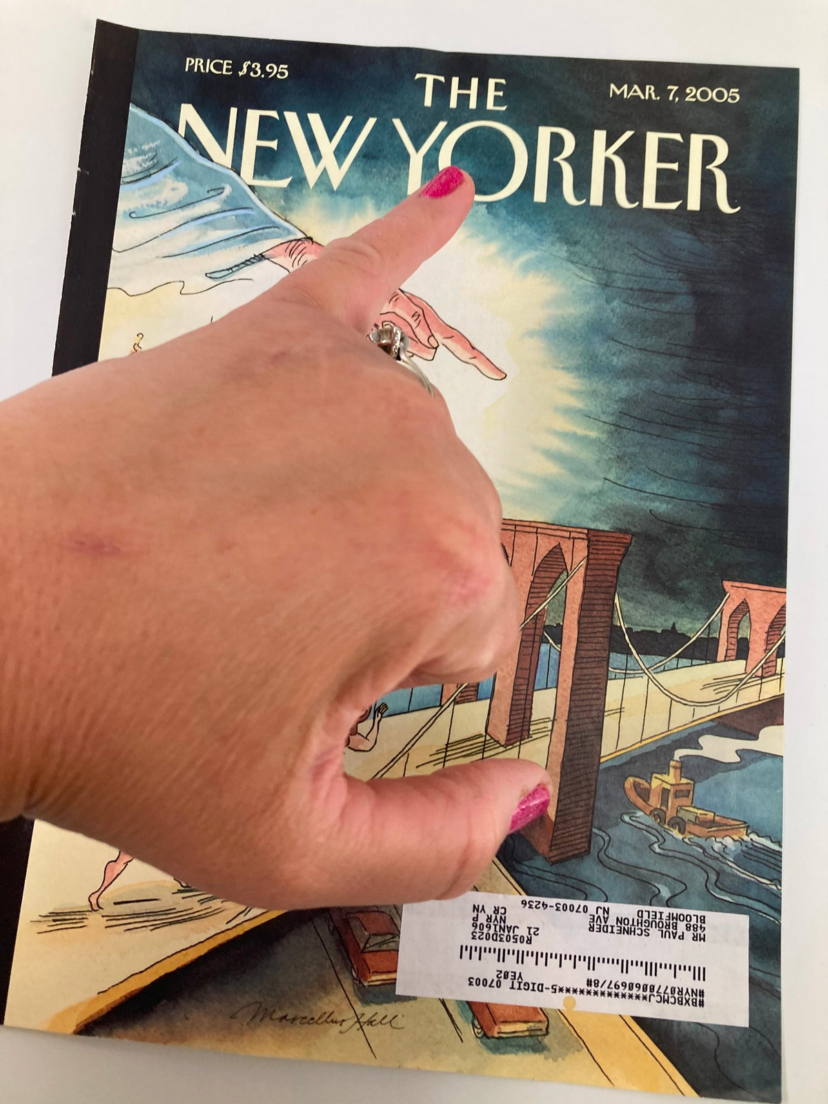 Cover of The New Yorker, March 7, 2005, with the 'Unaffordable Eden' artwork by Marcellus Hall, highlighting a hand pointing towards a cityscape, showing elements of modern life.