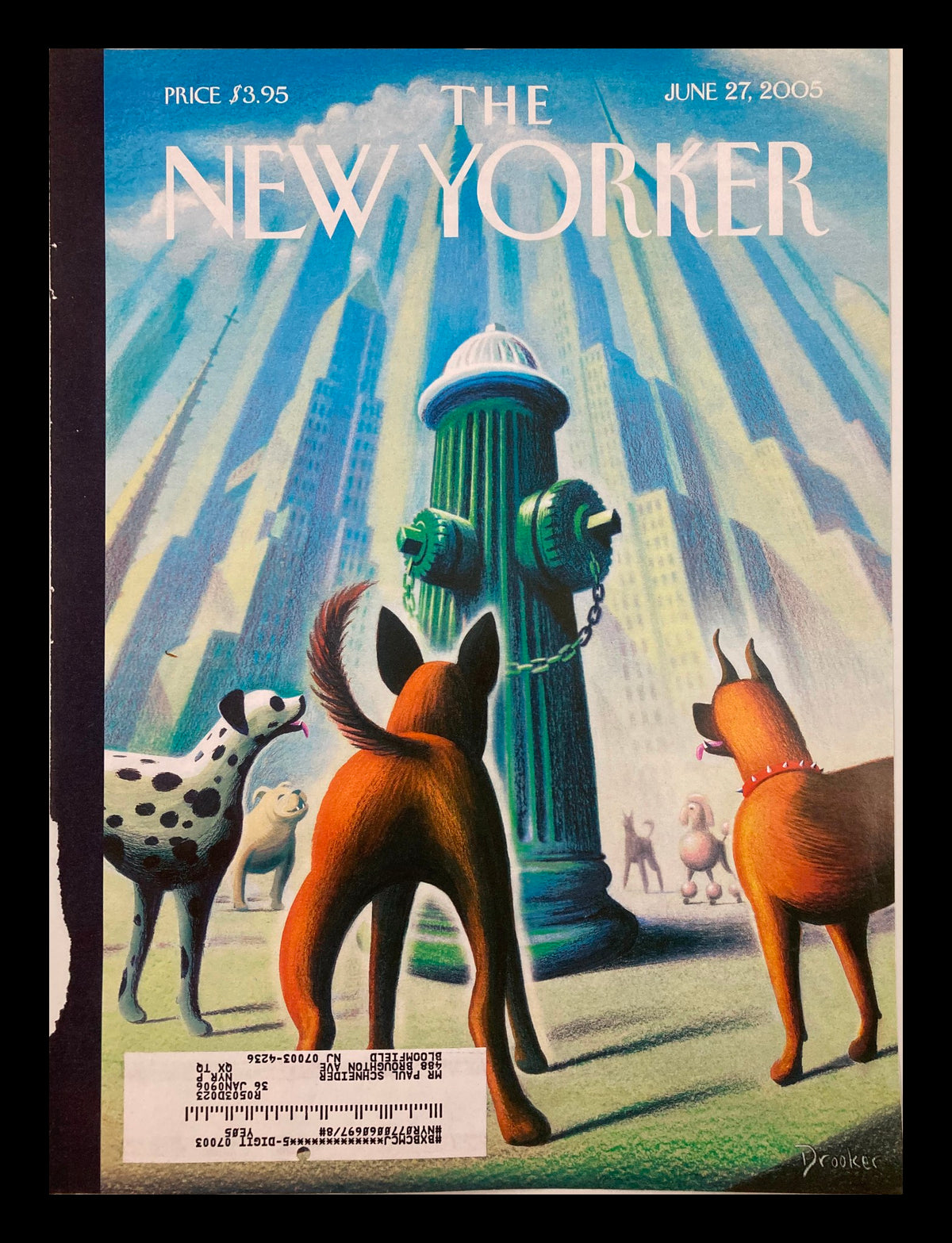 The New Yorker June 27 2005 cover featuring artwork by Eric Drooker, depicting a scene with dogs facing a hydrant, surrounded by a cityscape.