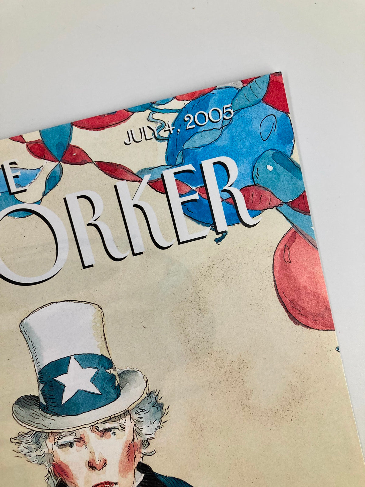 COVER ONLY The New Yorker July 4 2005 Party of Clad by Barry Blitt, featuring an illustration of Uncle Sam with balloons, epitomizing the festive July 4th spirit.