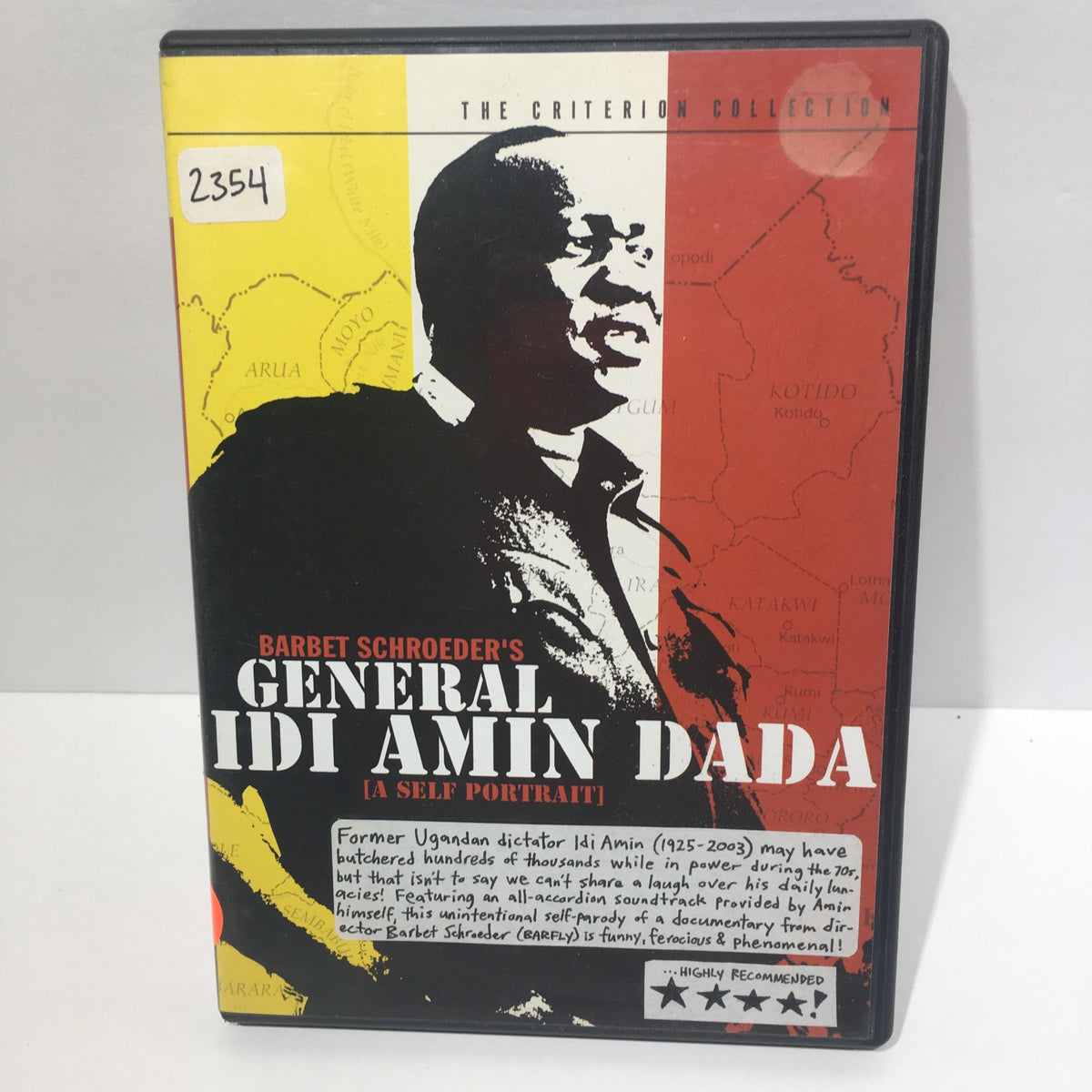 Cover of General Idi Amin Dada (The Criterion Collection) DVD featuring a powerful image of Idi Amin with a map of Uganda in the background.