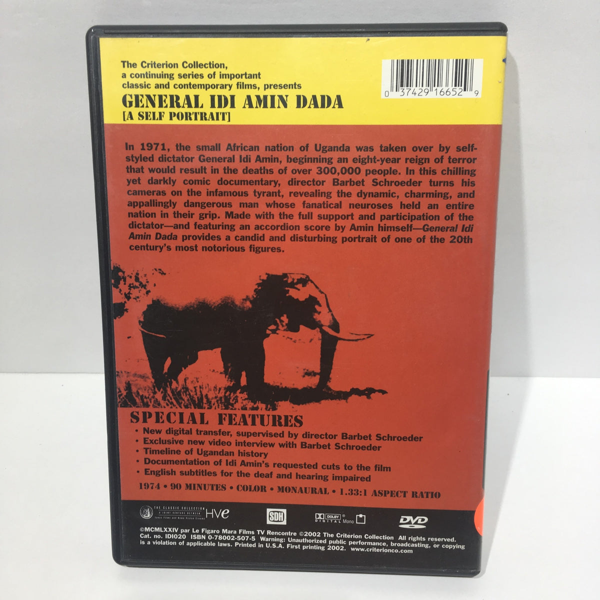 Back cover of General Idi Amin Dada (The Criterion Collection) (1976) DVD showcasing special features and details about the documentary.