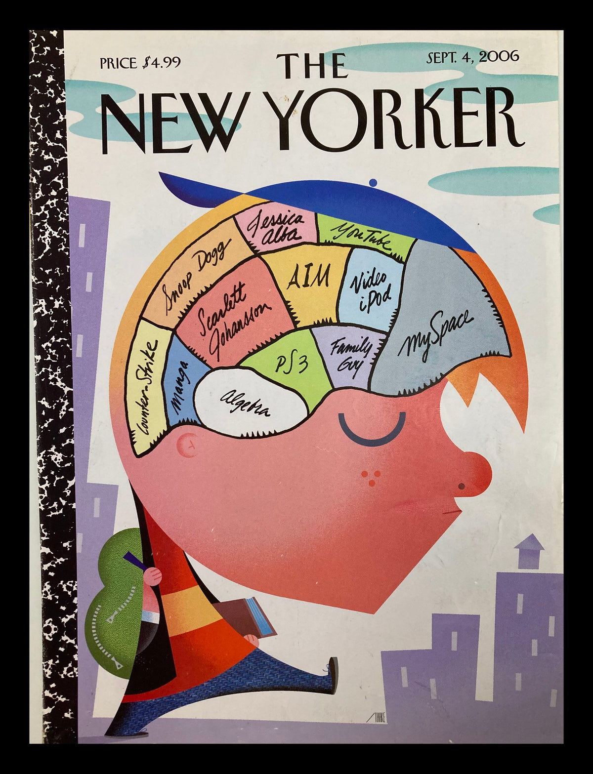 The New Yorker Cover September 4 2006 by Bob Staake featuring a colorful illustrated boy with a thoughtful expression and a detailed, vibrant thought bubble showcasing cultural elements from the era.