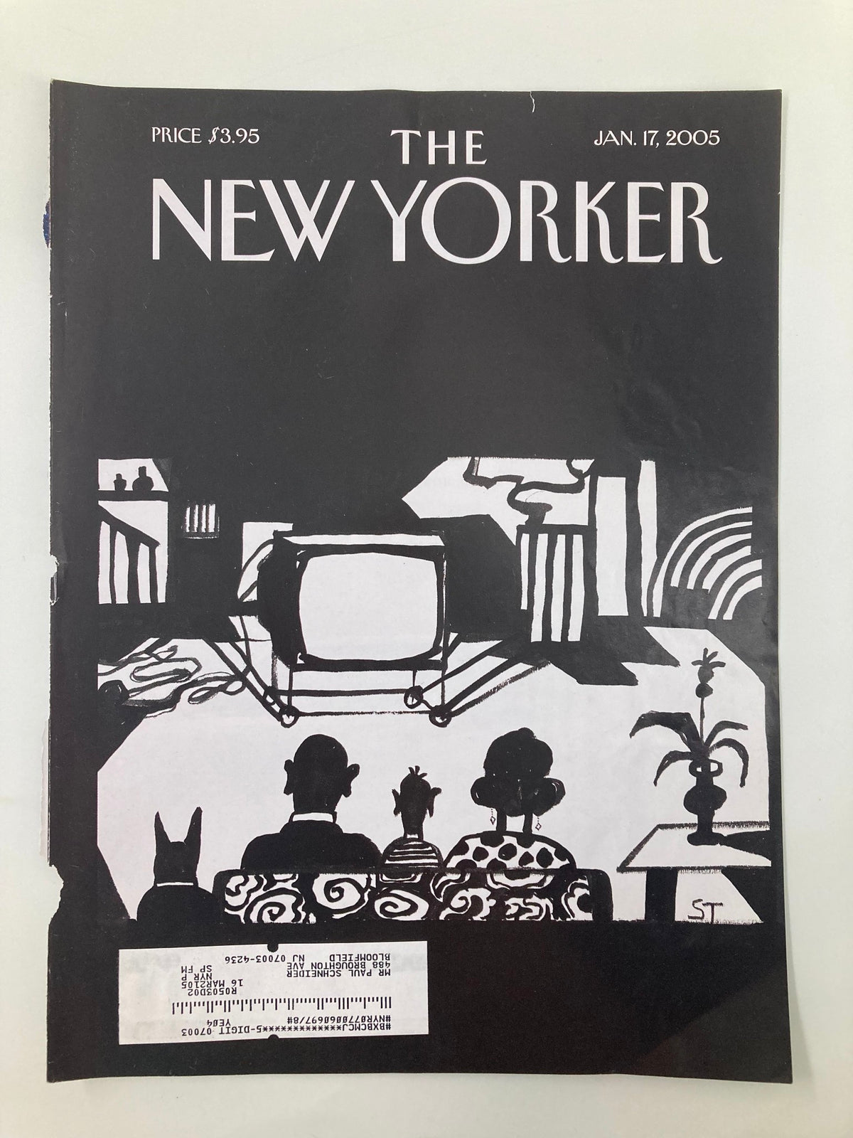 The New Yorker cover dated January 17, 2005, featuring a distinctive illustration by Saul Steinberg, depicting a family and dog watching television, symbolizing the tsunami response.