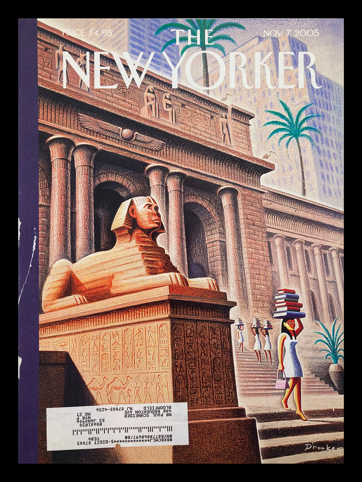 Cover of The New Yorker from November 7, 2005, featuring the artwork 'Arcane Pleasures' by Eric Drooker, depicting a sphinx and a woman carrying books.