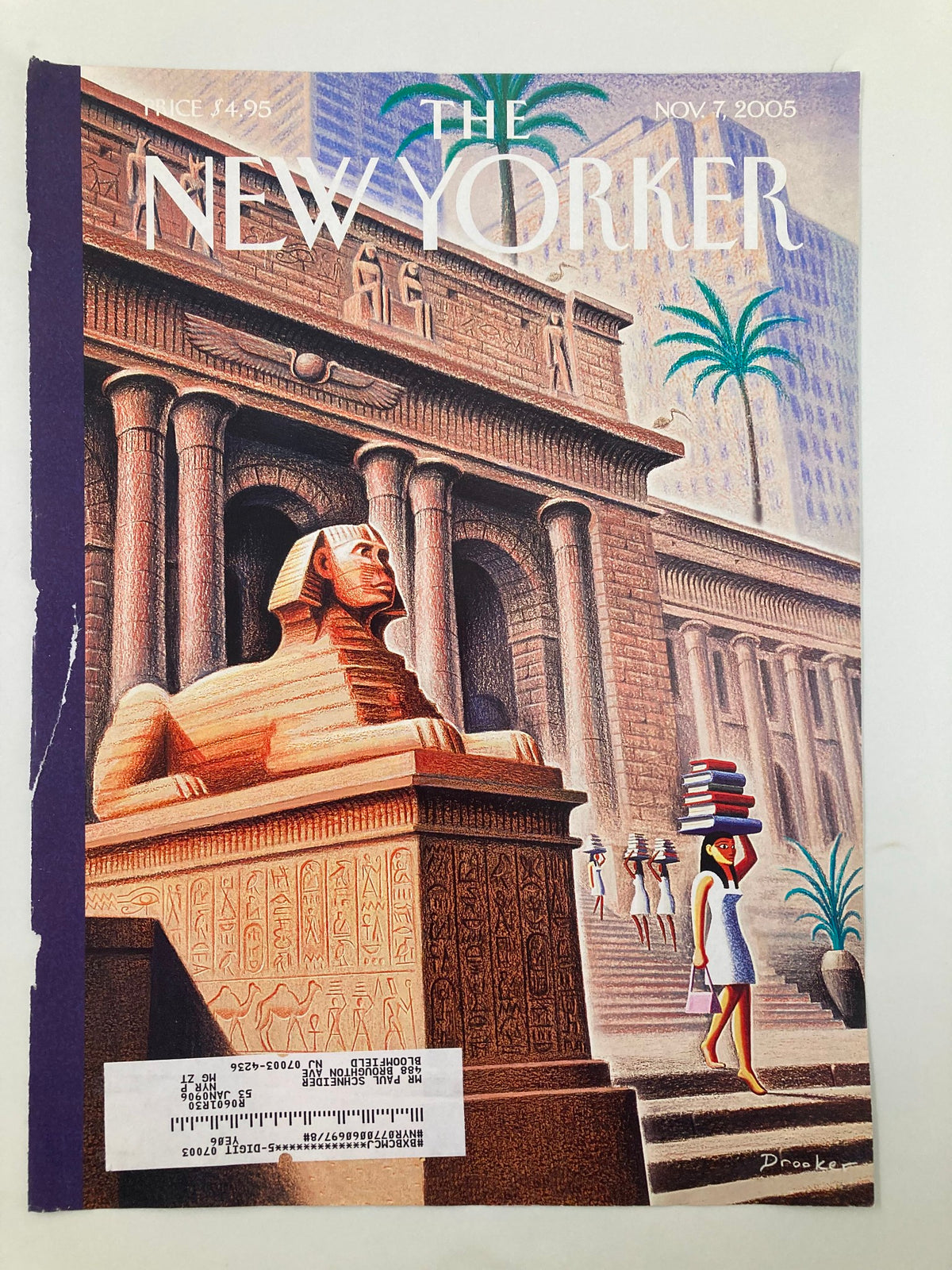 Close-up view of The New Yorker cover from November 7, 2005, showcasing the detailed illustration 'Arcane Pleasures' by Eric Drooker, featuring a sphinx and a woman with books.