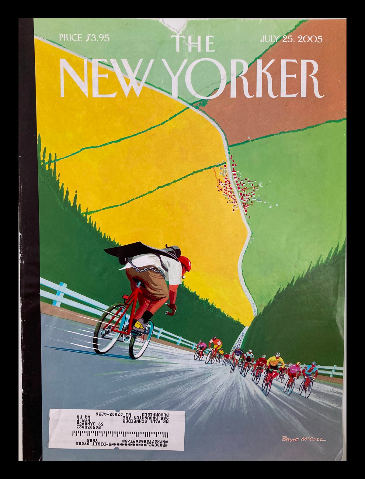 The New Yorker Cover July 25 2005 titled 'Tour de Force' by Bruce McCall, featuring a vibrant illustration of cyclists racing through a scenic landscape with colorful hills.