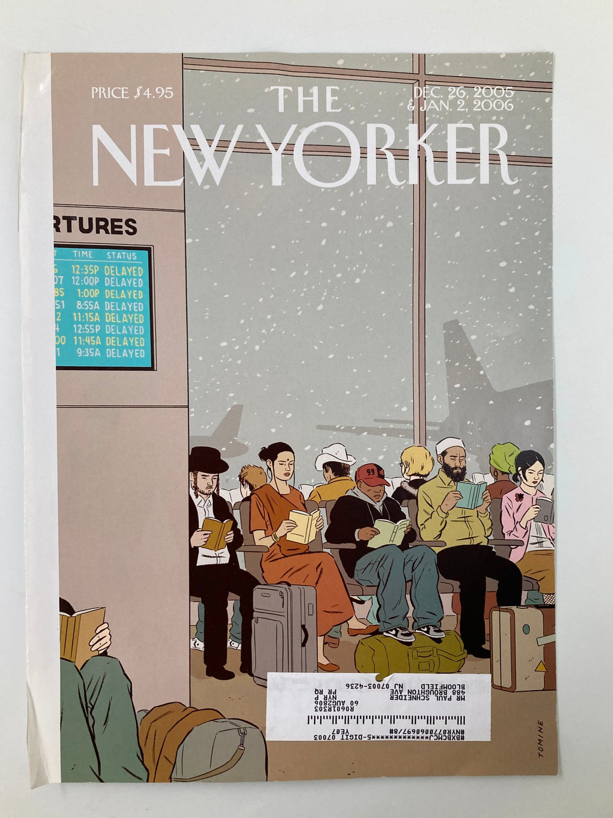 Front cover of The New Yorker December 26 2005, featuring the artwork 'Around The World' by Adrian Tomine, illustrating passengers waiting for flights amid a snowfall.