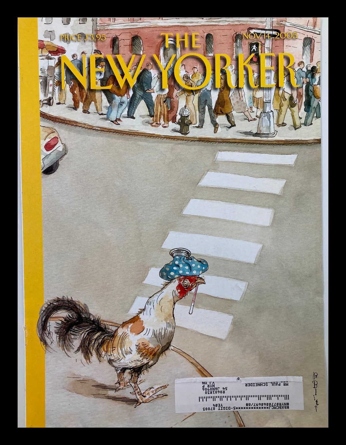 Cover of The New Yorker, November 14, 2005, titled 'Animal Crossing' by Barry Blitt, featuring a whimsical illustration of a chicken with a blue hat crossing a street.