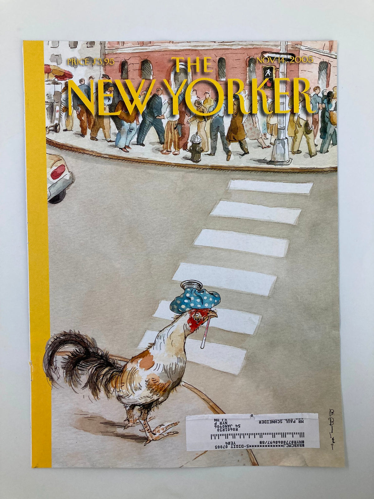 Cover of The New Yorker, November 14, 2005, titled 'Animal Crossing' by Barry Blitt, showcasing a playful depiction of a chicken in a blue hat on a crosswalk.