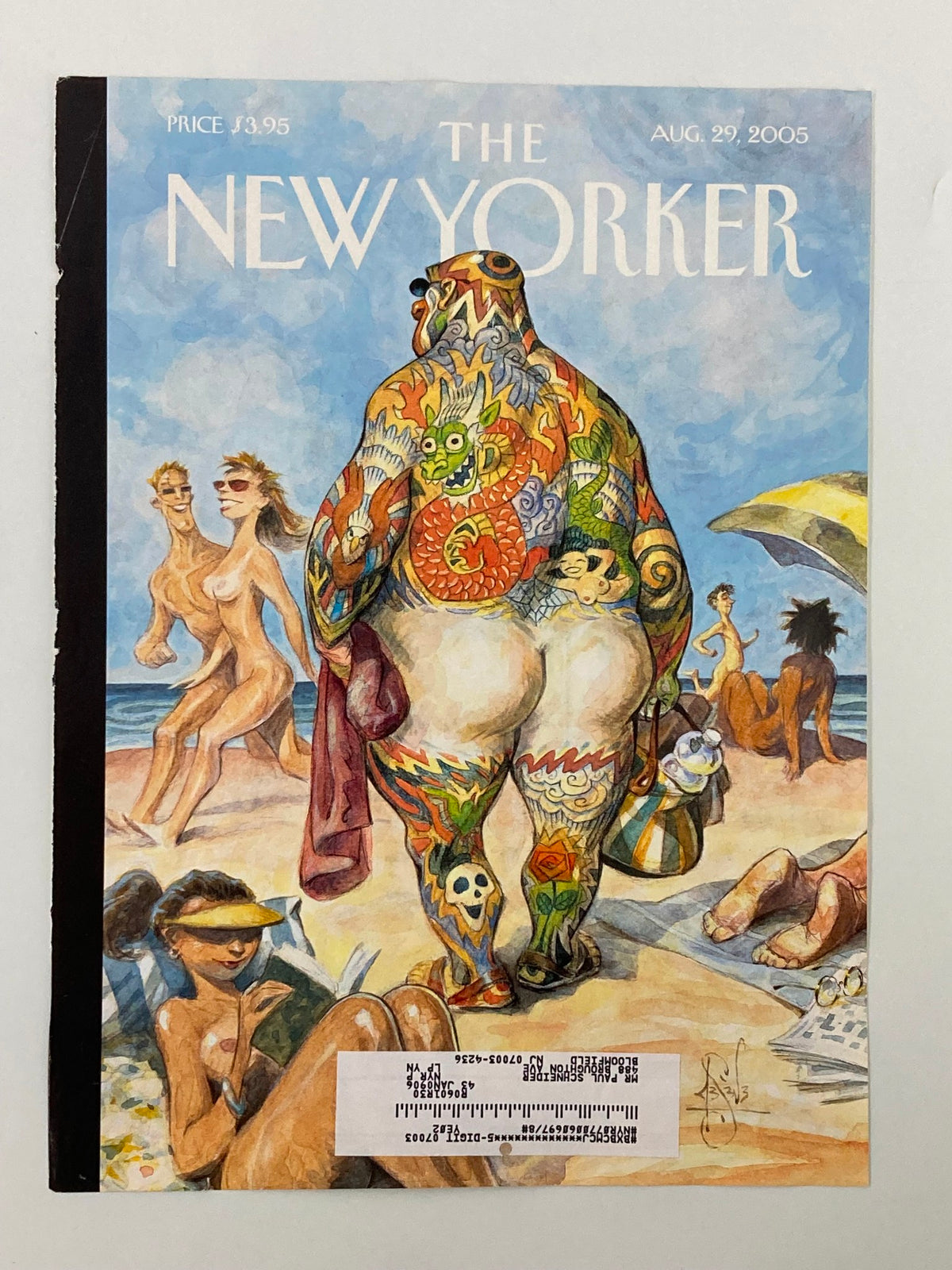 Cover of The New Yorker, August 29, 2005, featuring the artwork 'Beach Bum' by Peter de Seve, showcasing a tattooed figure with a humorous beach scene in the background.