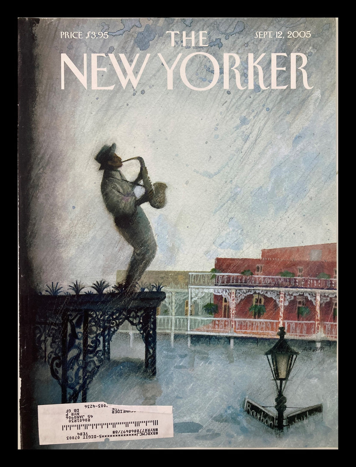 Cover of The New Yorker from September 12, 2005, featuring the artwork 'Requiem' by Ana Juan, depicting a musician playing saxophone against a watercolor background with elements of New Orleans architecture.