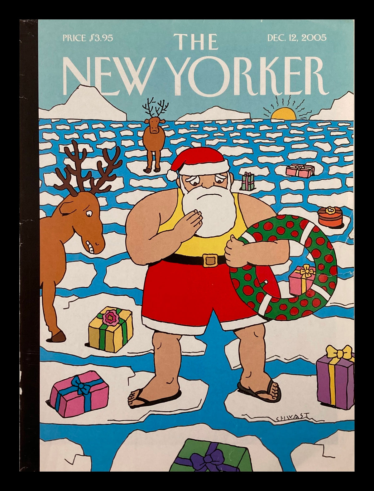 Cover of The New Yorker December 12, 2005 titled 'Jingle All The Way' by Seymour Chwast, featuring Santa Claus on an icy landscape surrounded by holiday gifts and a reindeer.
