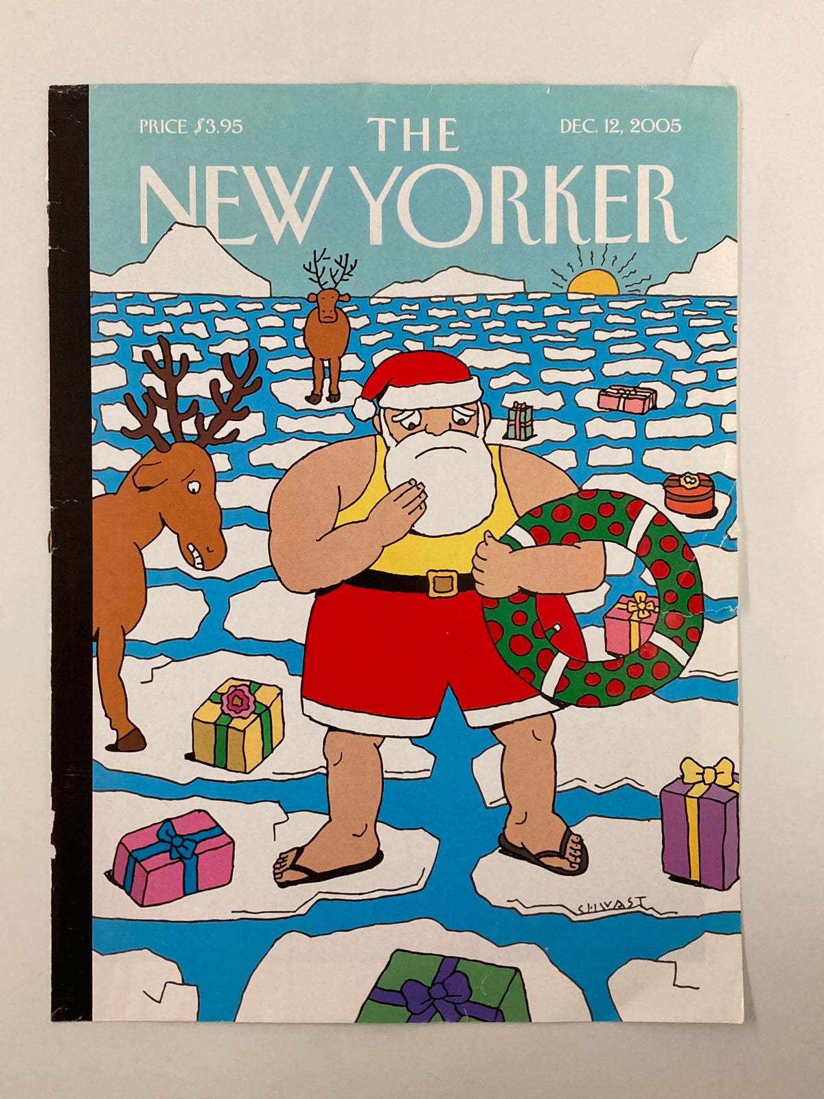 The New Yorker cover from December 12, 2005 titled 'Jingle All The Way' by Seymour Chwast, showcasing a Santa Claus in red shorts with a wreath on an ice floe with gifts and a reindeer in the background.