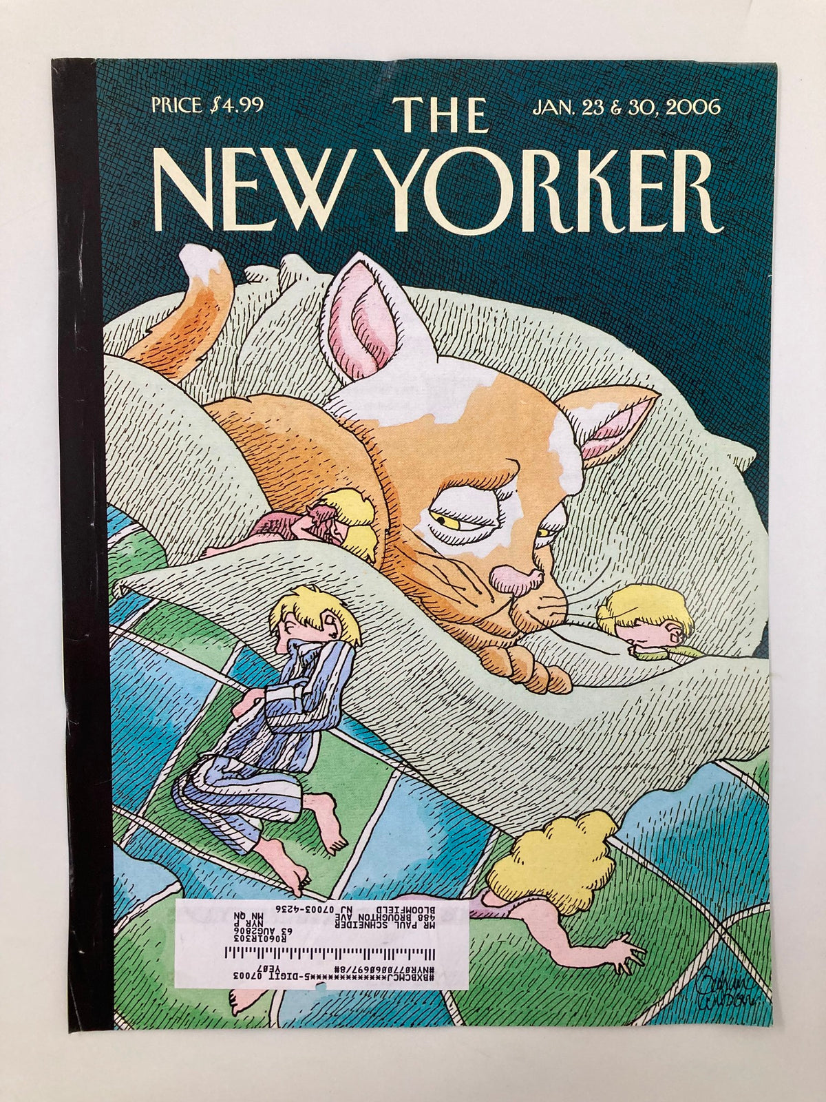 The New Yorker January 23 2006 Cover titled 'Sleeping with Your Cat' by Gahan Wilson, showcasing a charming scene of a cat and children, conveying humor and warmth typical of The New Yorker magazine.