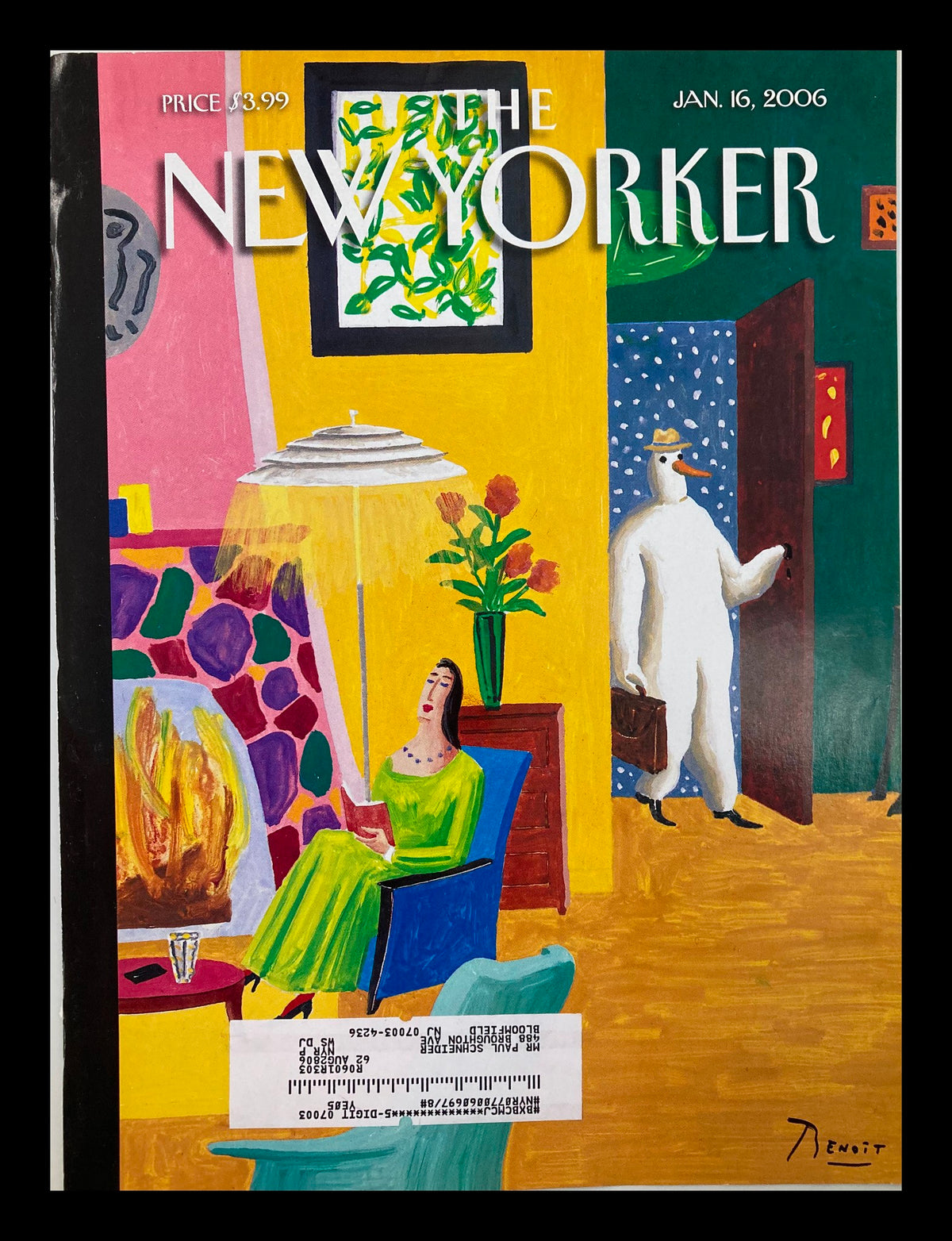 The New Yorker January 16 2006 cover featuring the illustration 'Joys of Winter' by Benoit van Innis, depicting a cozy indoor setting with a woman by a fireplace and a person in winter attire at the door.
