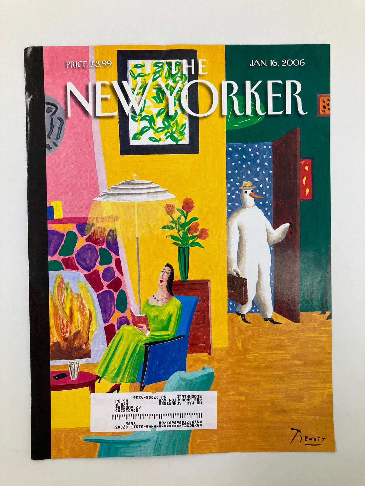 The New Yorker January 16 2006 cover displaying 'Joys of Winter' by Benoit van Innis, showcasing a vibrant winter scene with a woman seated in a colorful room and a person entering with a suitcase.