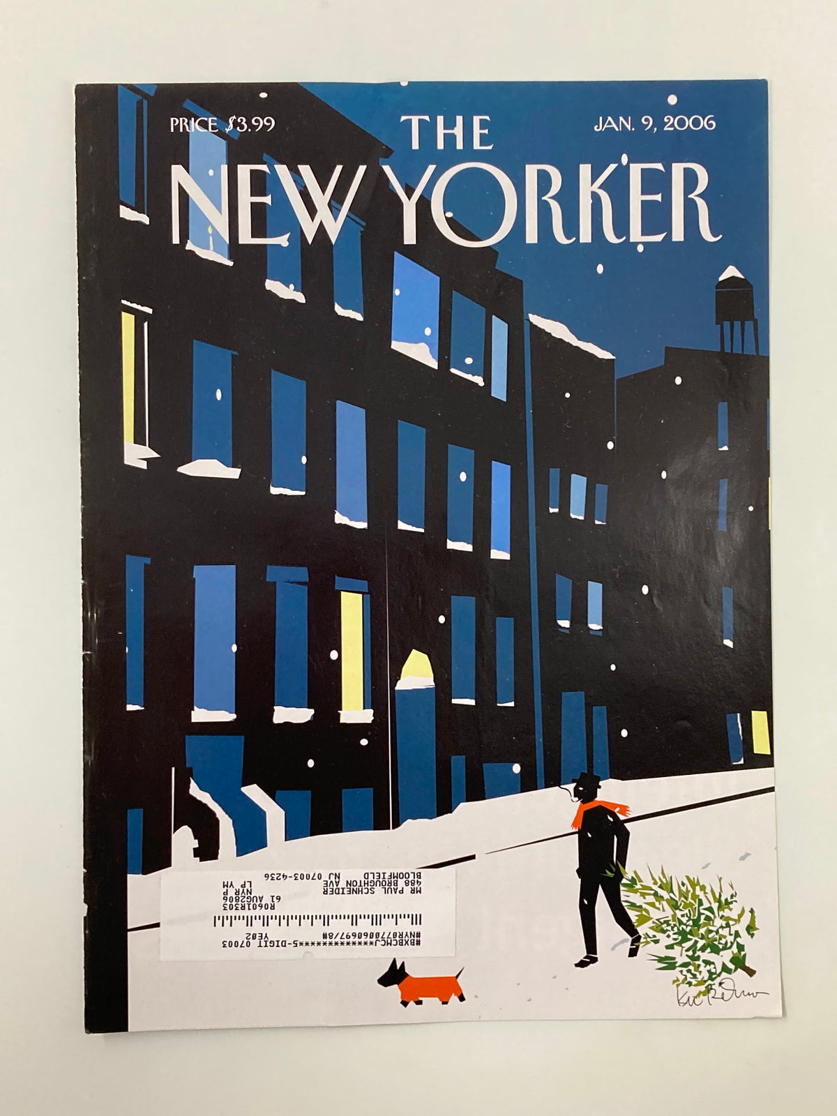 The New Yorker magazine cover for January 9, 2006, showcasing the artwork "Out with the Old" by Kim DeMarco, featuring a winter cityscape with a person carrying a green plant and a dog.