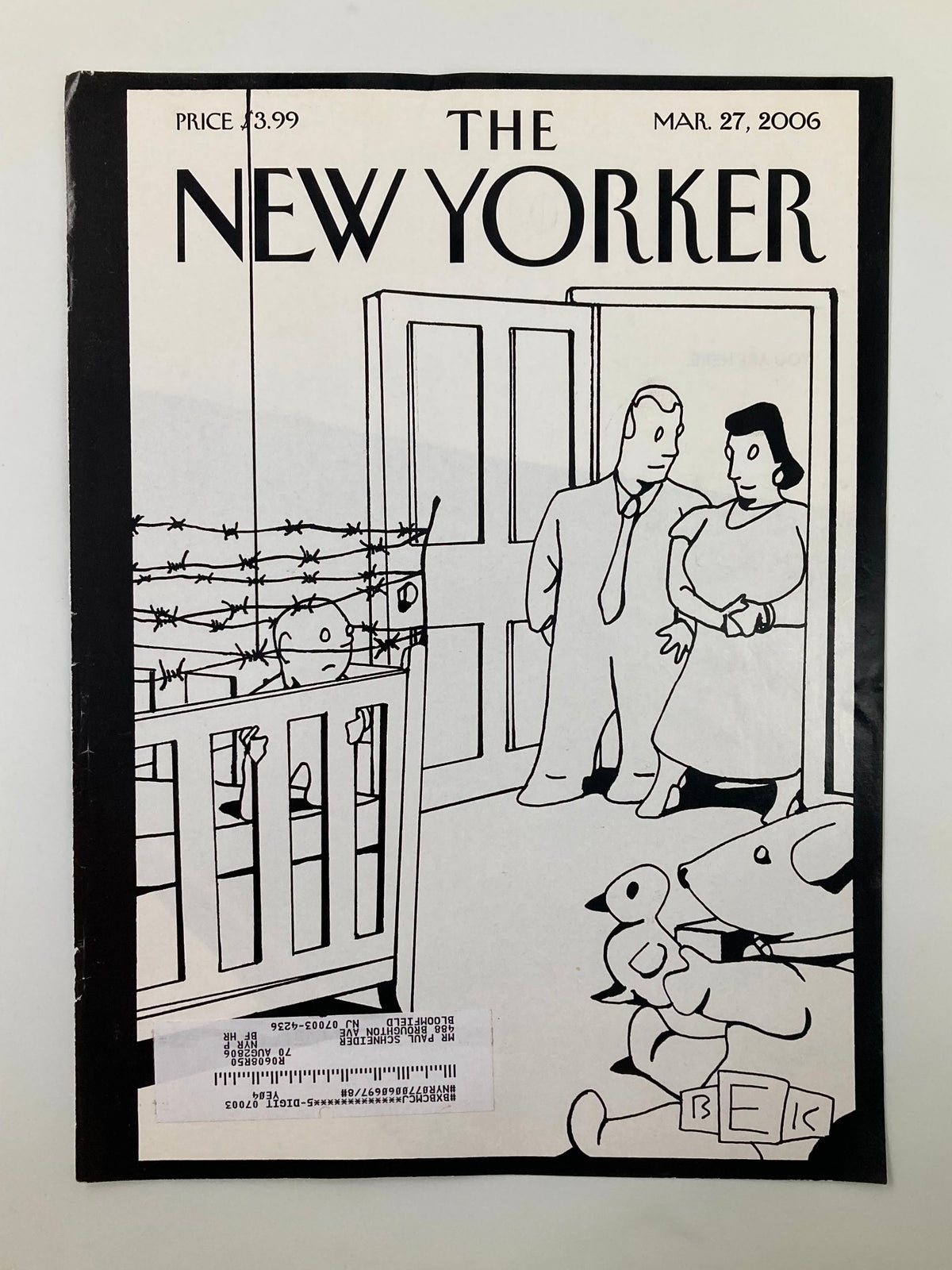 The New Yorker March 27, 2006 cover titled 'Barbwire Crib' by Bruce Eric Kaplan, showcasing an illustrated scene of a couple and a cradled child behind barbed wire, highlighting the magazine's unique humor and artistic style.