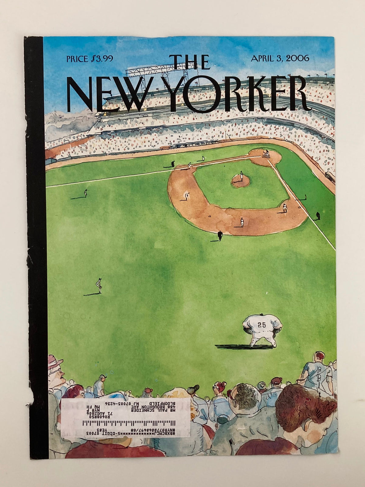 Close-up view of the cover of The New Yorker April 3 2006, showcasing the baseball scene and colorful artwork by Sean Penn.