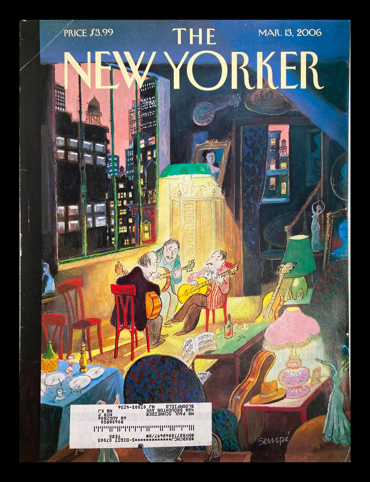 Cover of The New Yorker dated March 13, 2006 featuring the artwork 'Three Amigos' by Jean-Jacques Sempe, depicting two musicians in a cozy interior with a lamp and furniture.