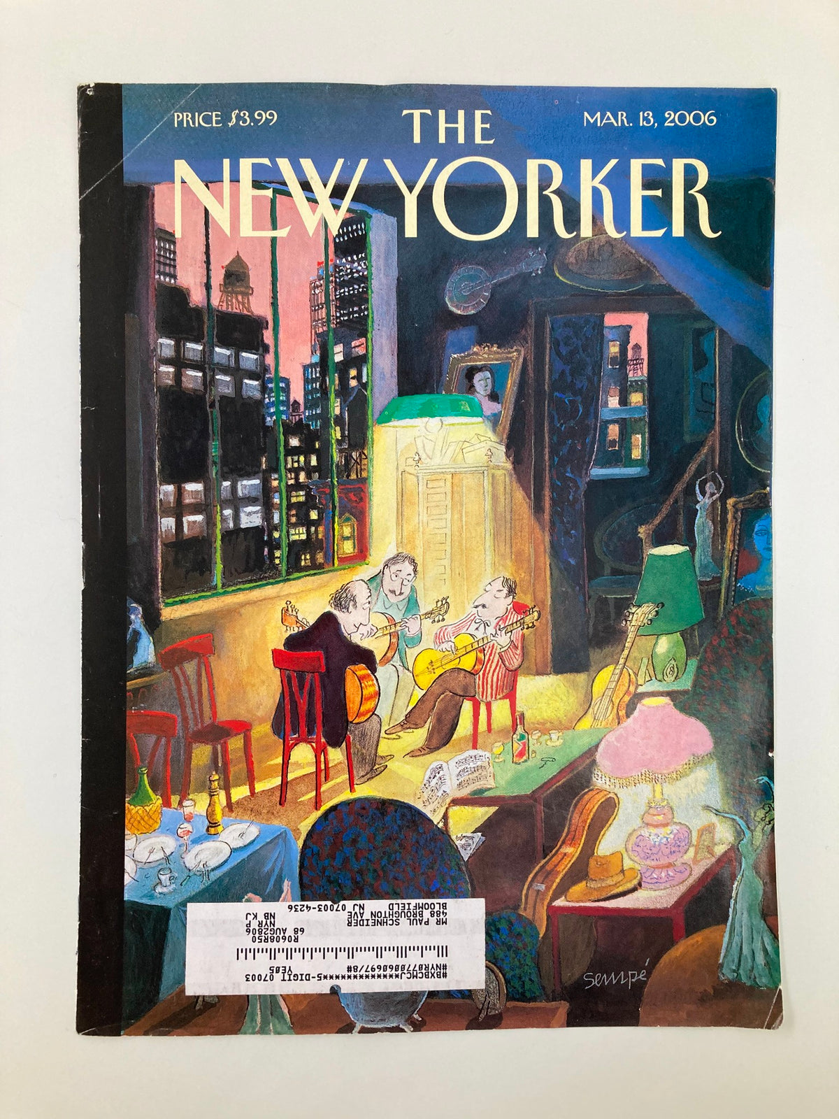 The New Yorker magazine cover from March 13, 2006 titled 'Three Amigos' by Jean-Jacques Sempe, illustrating a warm interior scene with musicians and colorful decorations.