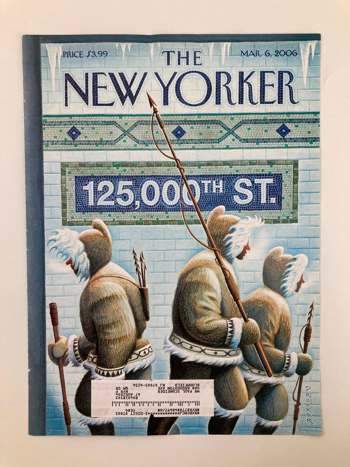 The New Yorker March 6 2006 cover featuring '125,000th Street' by Eric Drooker, depicting three figures in winter attire against a colorful mosaic backdrop.
