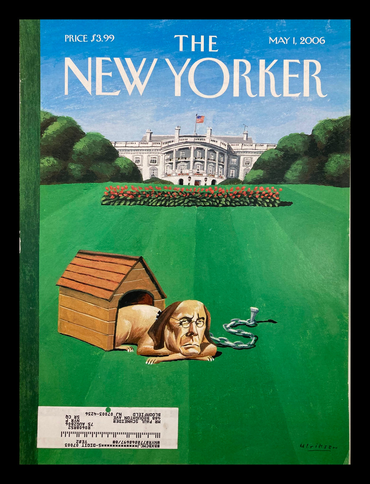 The New Yorker May 1, 2006 cover titled 'In The Dog House' by Mark Ulriksen, featuring a whimsical illustration of a sad dog near a dog house on the White House lawn.