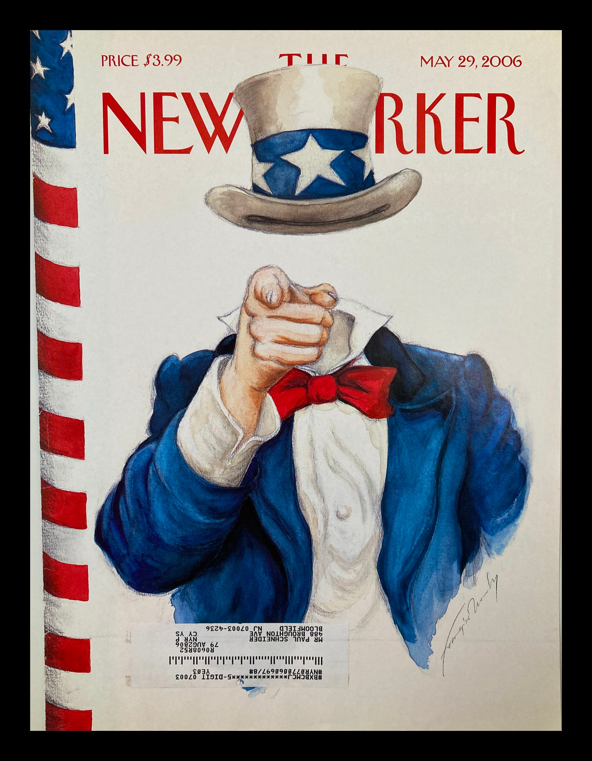 The New Yorker cover from May 29, 2006, titled 'Losing Face,' featuring an illustration of Uncle Sam pointing, designed by Francoise Mouly.