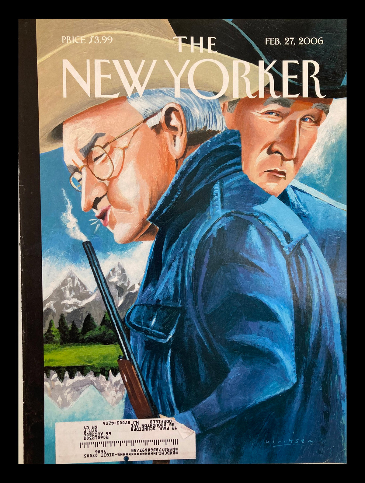 COVER ONLY The New Yorker February 27, 2006 featuring the artwork "Watch Your Back Mountain" by Ulriksen, showcasing two characters in cowboy attire against a mountainous background.