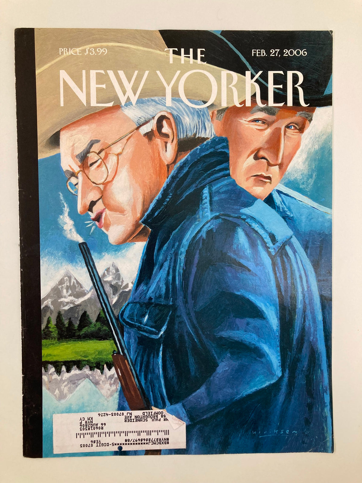 COVER ONLY The New Yorker February 27, 2006 with the artwork "Watch Your Back Mountain" by Ulriksen, depicting two men in cowboy hats and jackets, standing in front of a scenic landscape.