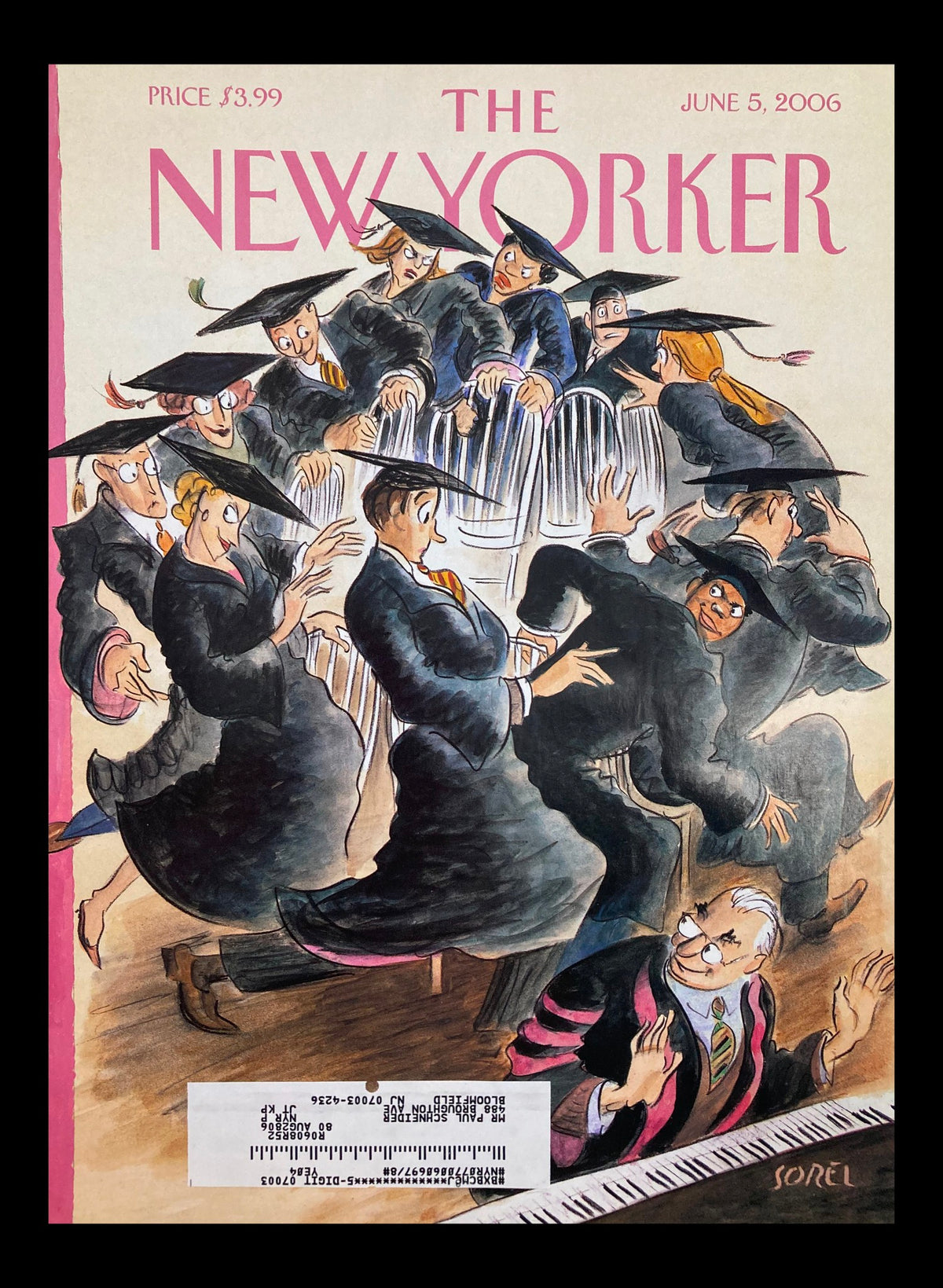 Cover of The New Yorker June 5, 2006 featuring 'Musical Chairs' by Edward Sorel, depicting a humorous scene with graduating students around transparent chairs.
