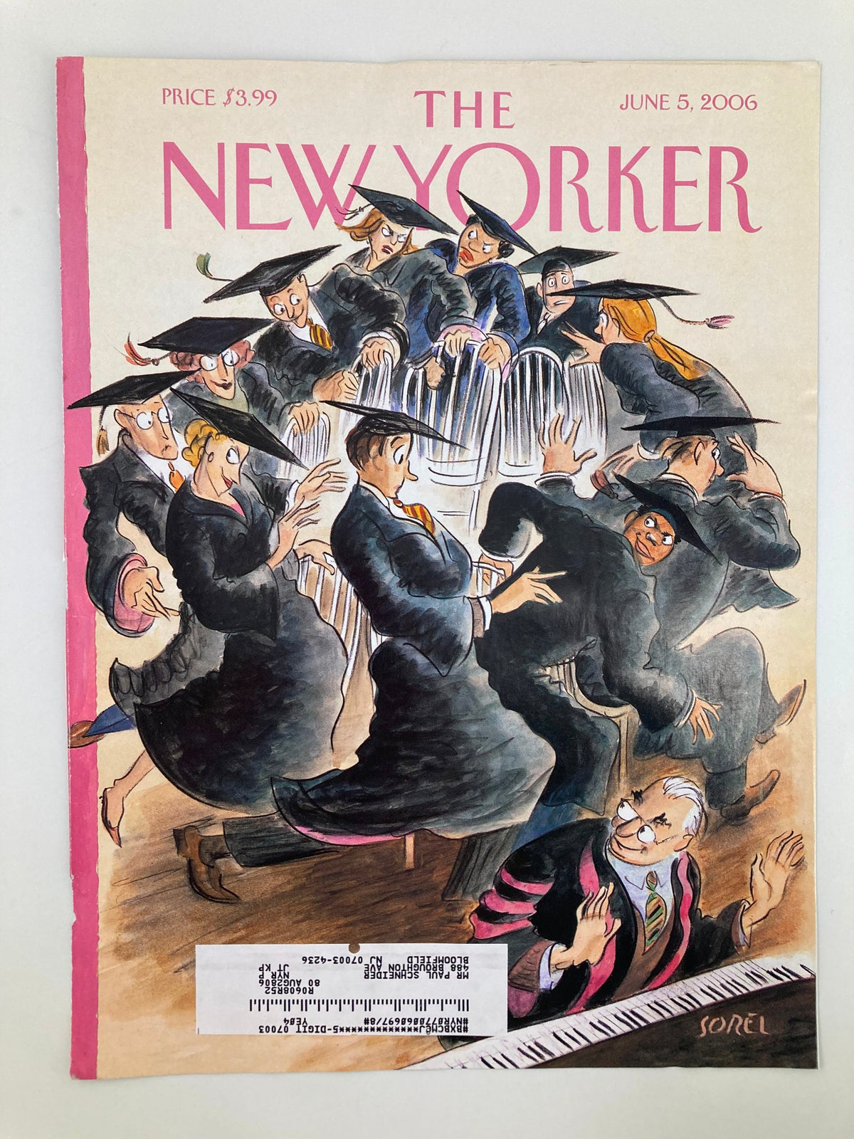 The New Yorker June 5, 2006 cover art titled 'Musical Chairs' by Edward Sorel, illustrating a whimsical gathering of cap-and-gowned graduates in a playful setting.