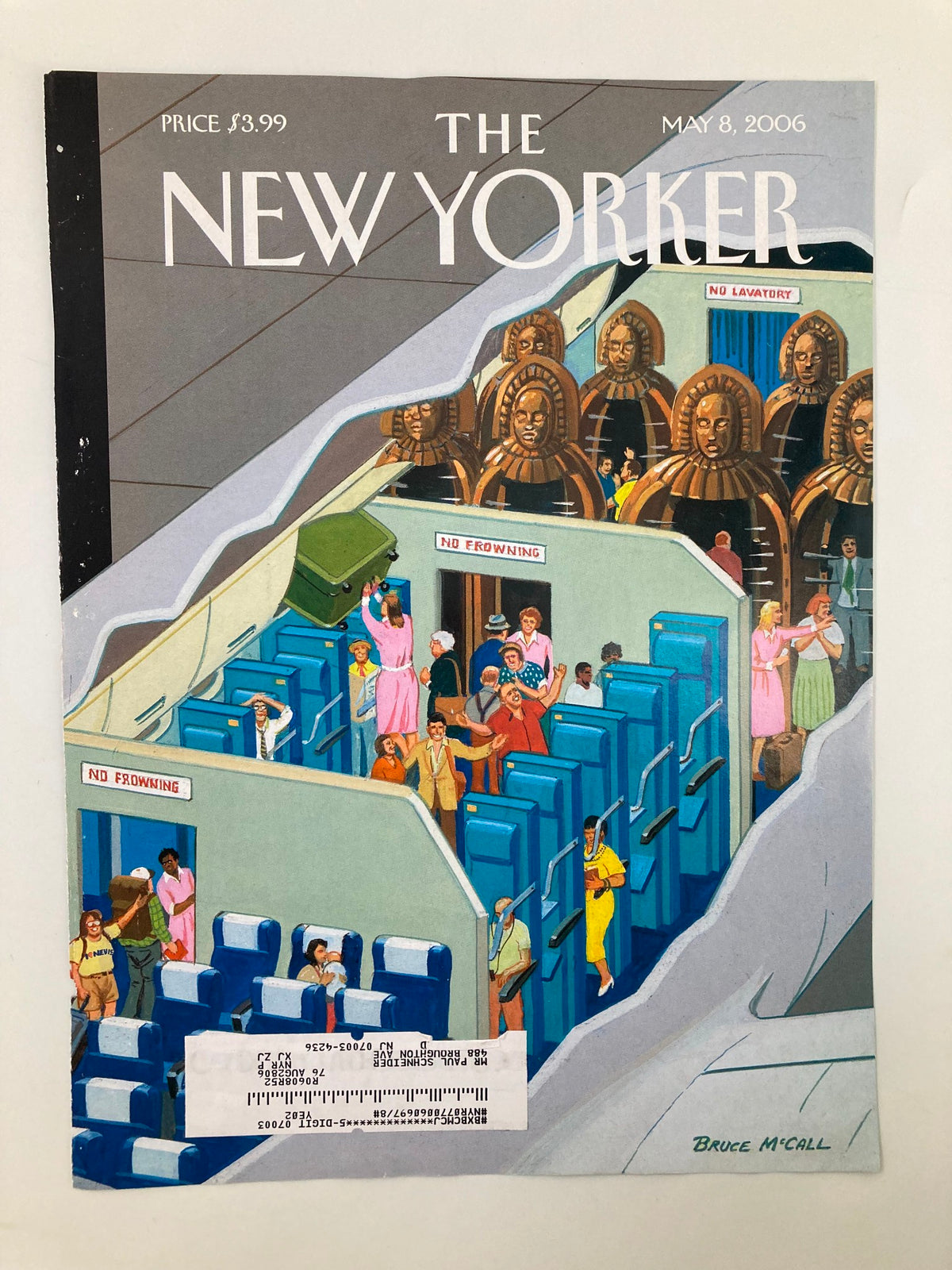 Cover of The New Yorker from May 8, 2006, titled 'New Ways to Travel' by Bruce McCall, featuring whimsical depictions of a travel scene with passengers in a unique transportation setting.
