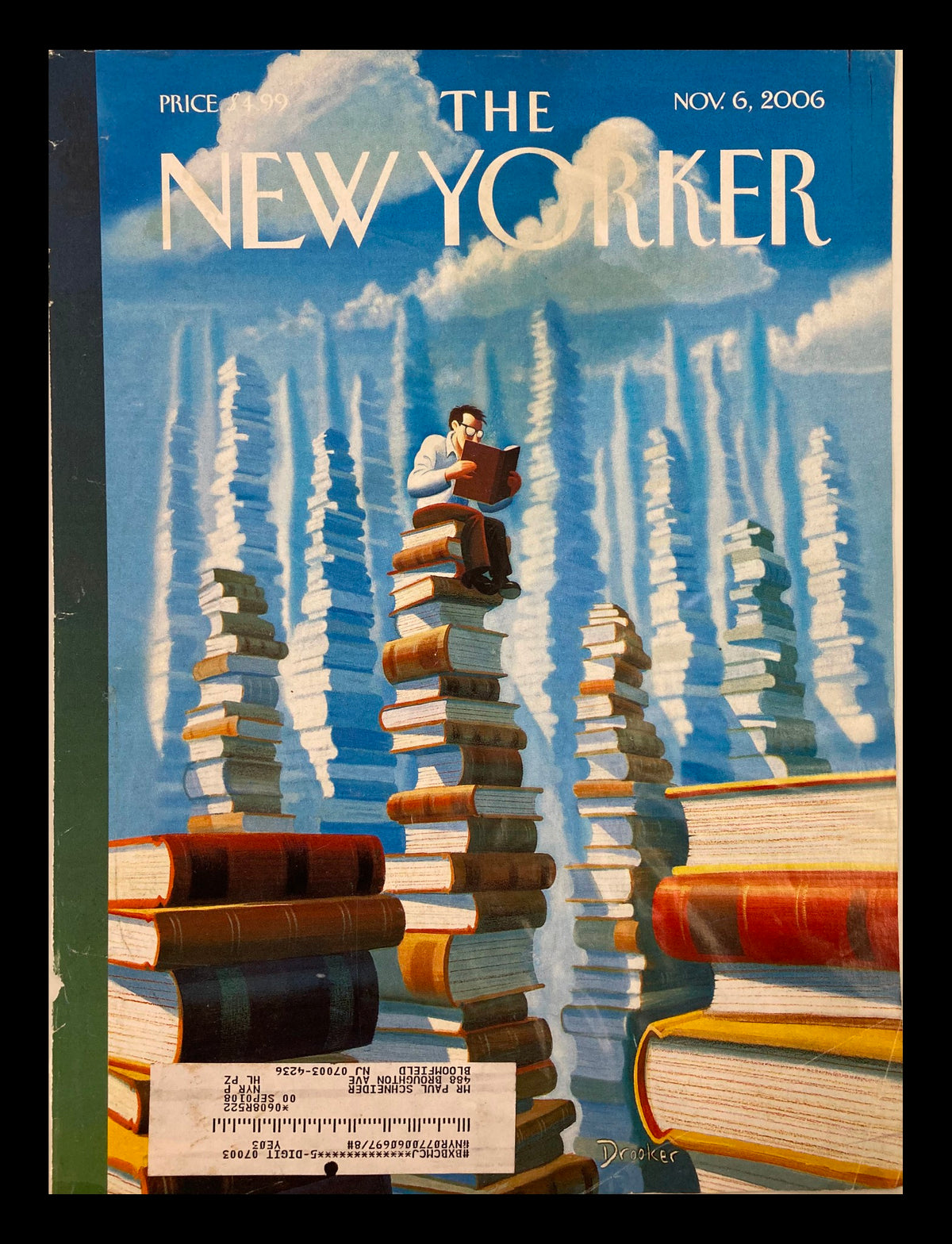 COVER ONLY The New Yorker November 6 2006 featuring Eric Drooker's artwork, depicting a man reading atop a stack of books with a dreamy sky in the background.