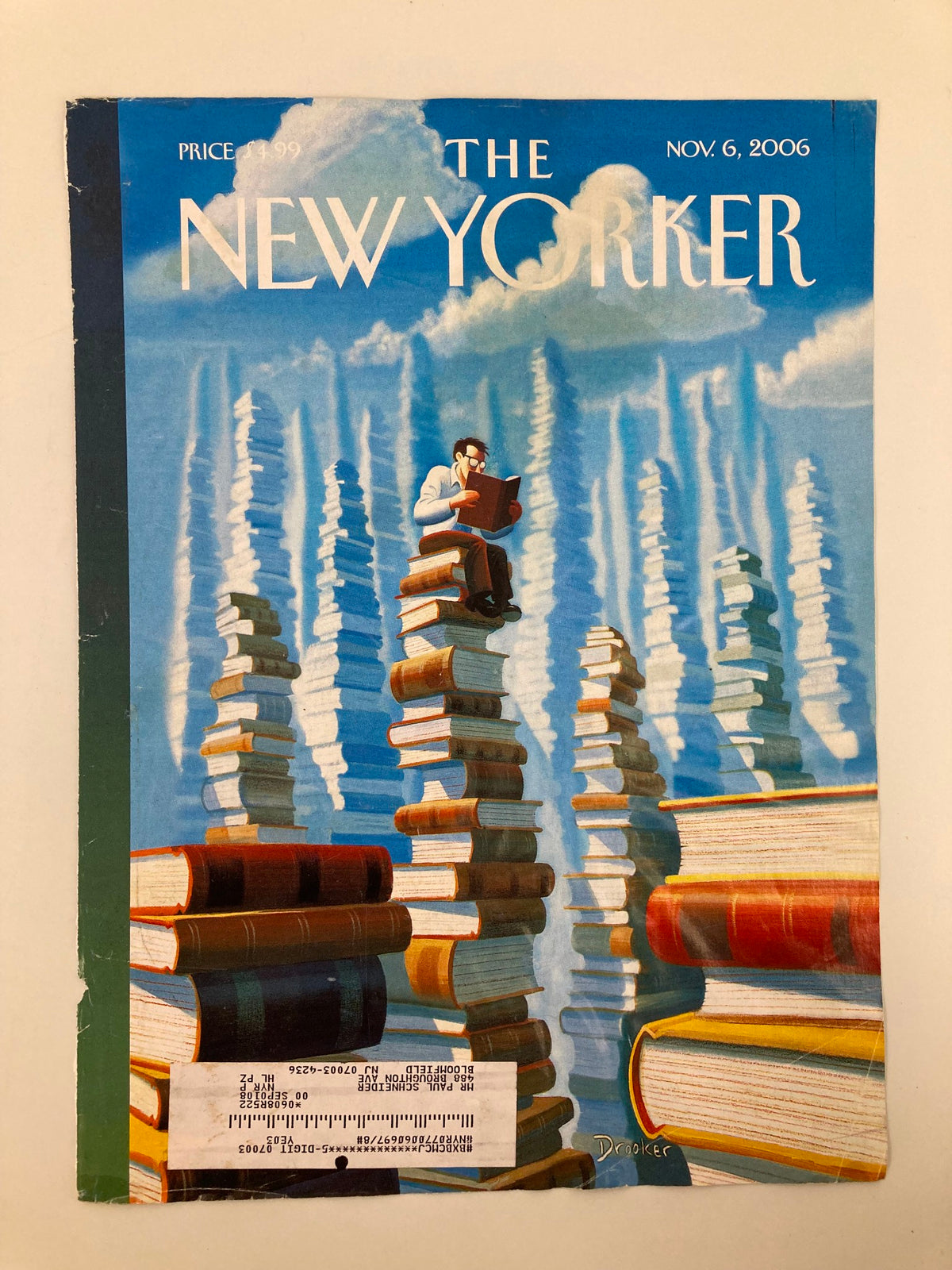 COVER ONLY The New Yorker November 6 2006 showcasing Eric Drooker's illustration, displaying a man seated on a towering stack of books, under an artistic sky.