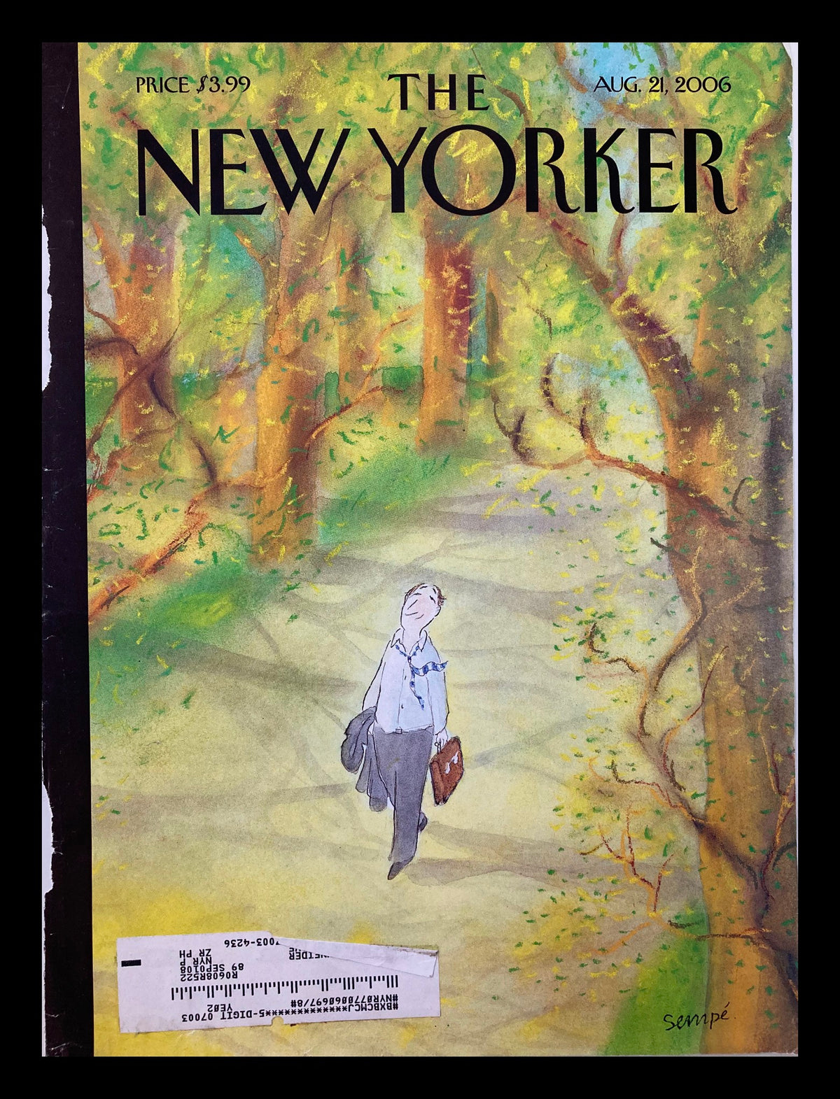 Cover of The New Yorker, August 21, 2006 titled 'Fresh Intoxication' by Jean-Jacques Sempé, featuring a whimsical illustration of a person walking through a colorful forest path.