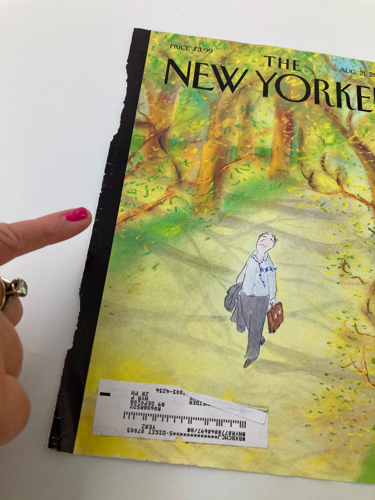 Cover of The New Yorker from August 21, 2006, titled 'Fresh Intoxication' by Jean-Jacques Sempé, featuring a scenic illustration with a figure walking through a vibrant landscape, showing signs of wear and a price label.