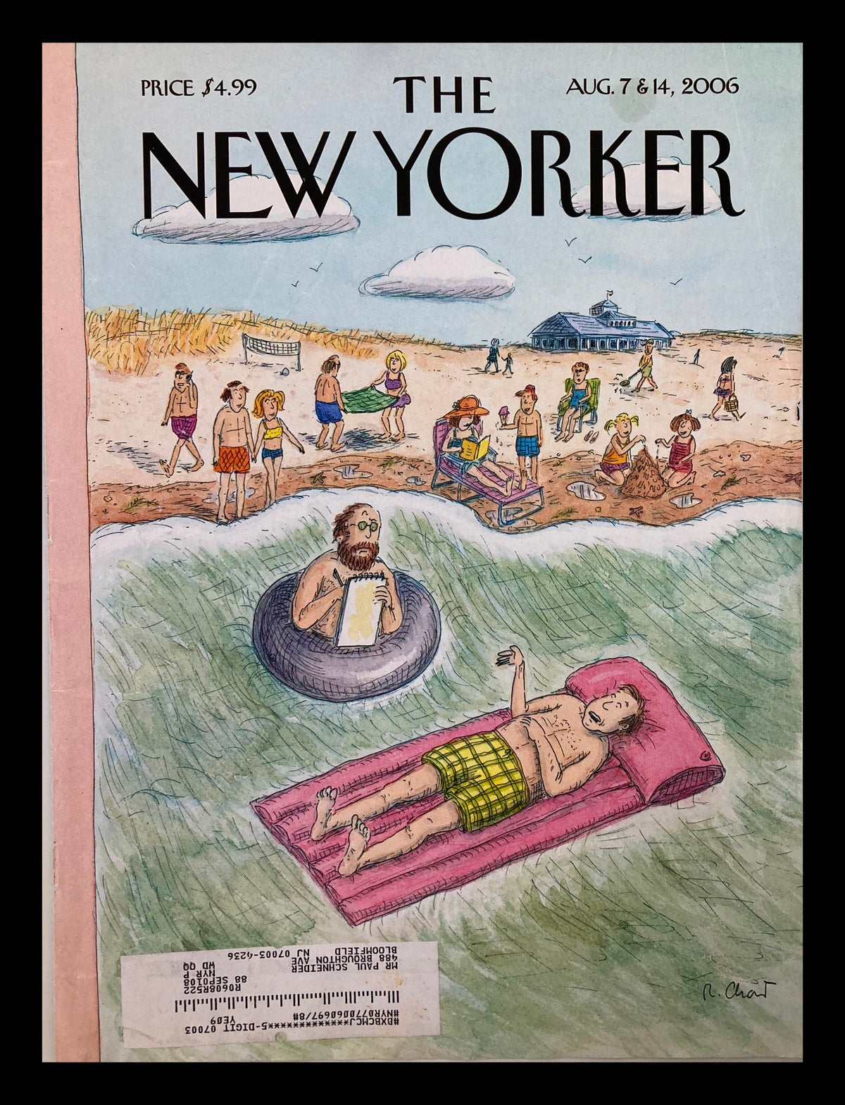 Cover of The New Yorker August 7 2006 titled 'Emergency Session' by Roz Chast, depicting a beach scene with people relaxing and enjoying the summer.