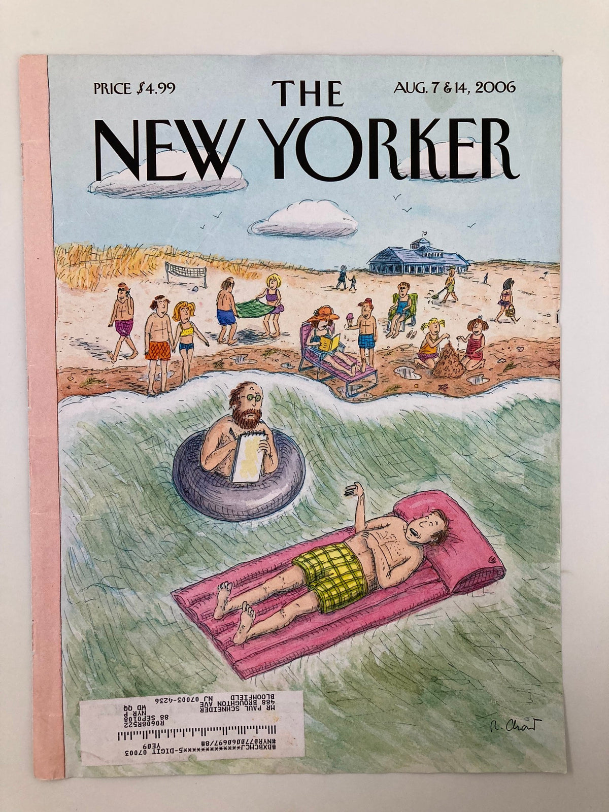Cover of The New Yorker August 7 2006 featuring 'Emergency Session' by Roz Chast, illustrating a vibrant beach atmosphere with various characters engaging in leisure activities.