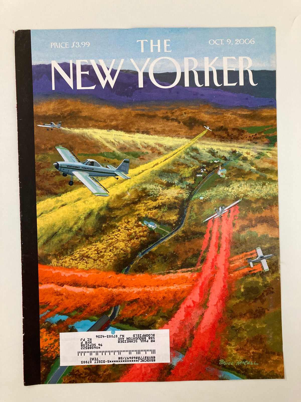 Cover only of The New Yorker, October 9, 2006, titled 'Fall Ritual' by Bruce McCall, showcasing a stunning fall scene with airplanes in a picturesque landscape of rich autumn colors.