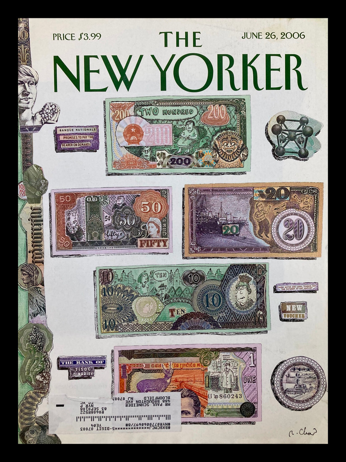 The New Yorker cover from June 26, 2006, titled 'Mad Money' by Roz Chast, featuring an artistic depiction of various banknotes, showcasing financial humor in a colorful illustration.